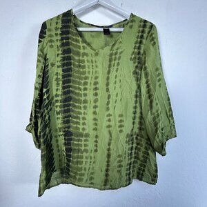 Ali Miles Womens Green Tie-Dye 3/4 Sleeve Blouse Top Large Button Back Detail